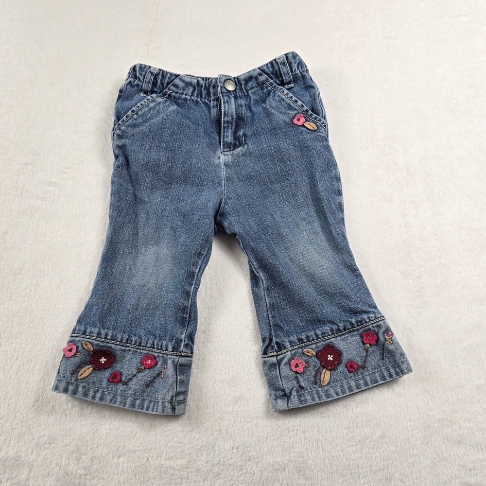 Baby Gap Girls Blue Denim Floral Embroidered Bootcut Jeans 12-18 Months